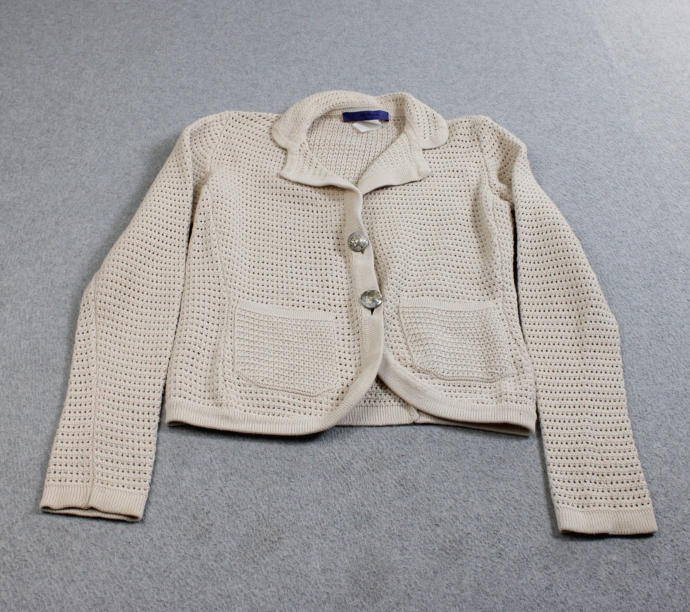 Les Copains Cardigan Sweater Women 40 M Biege Open Knit Button Coastal Boho READ